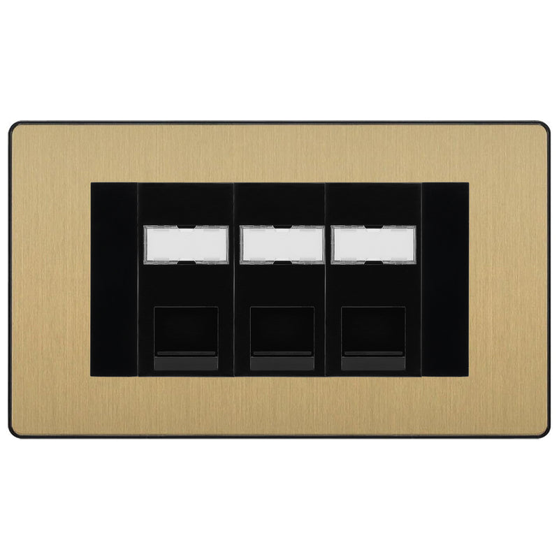 BG Evolve Satin Brass 3 Gang RJ45 Cat5e Data Socket Black Inserts