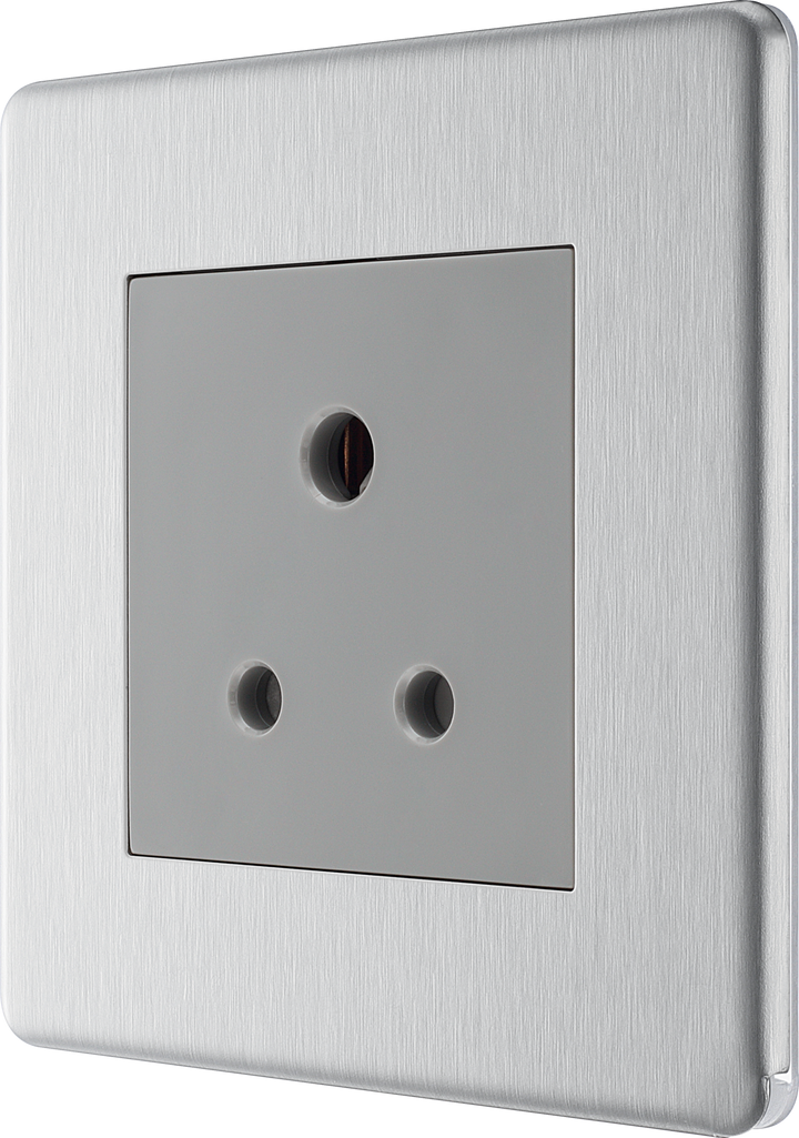 FBS29G Front - This 5A round pin socket from British General can be used to connect lamps to a lighting circuit. The brushed steel finish has an anti-fingerprint lacquer and slim clip-on/off front-plate to add a touch of luxury to your decor.