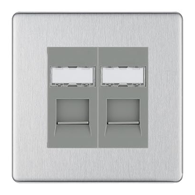 BG Screwless Brushed Steel 2 Gang RJ45 Data Socket FBSRJ452G Grey Inserts by British General