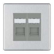 BG Screwless Brushed Steel 2 Gang RJ45 Data Socket FBSRJ452G Grey Inserts by British General