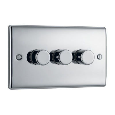 BG Nexus Polished Chrome 3 Gang 200W 2 Way Trailing Edge Push Type Dimmer Switch NPC83 with 35mm Steel Back Box