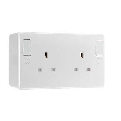 BG Nexus 13A DP Double Socket + Outboard Rockers White & 50mm Pattress Back Box by British General (BG-822DPOB+878)