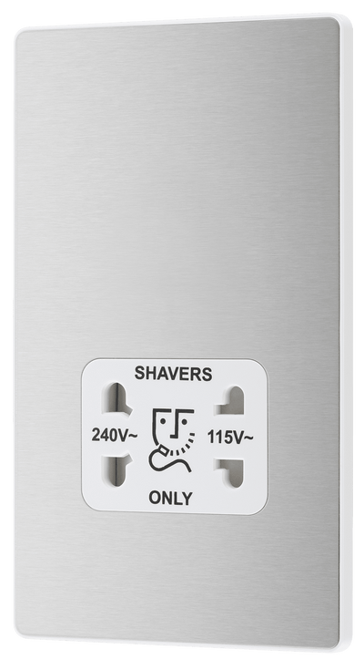 PCDBS20W Front - This Evolve Brushed Steel dual voltage shaver socket from British General is suitable for use with 240V and 115V shavers and electric toothbrushes.