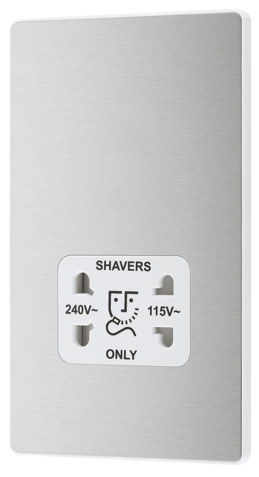 PCDBS20W Front - This Evolve Brushed Steel dual voltage shaver socket from British General is suitable for use with 240V and 115V shavers and electric toothbrushes.