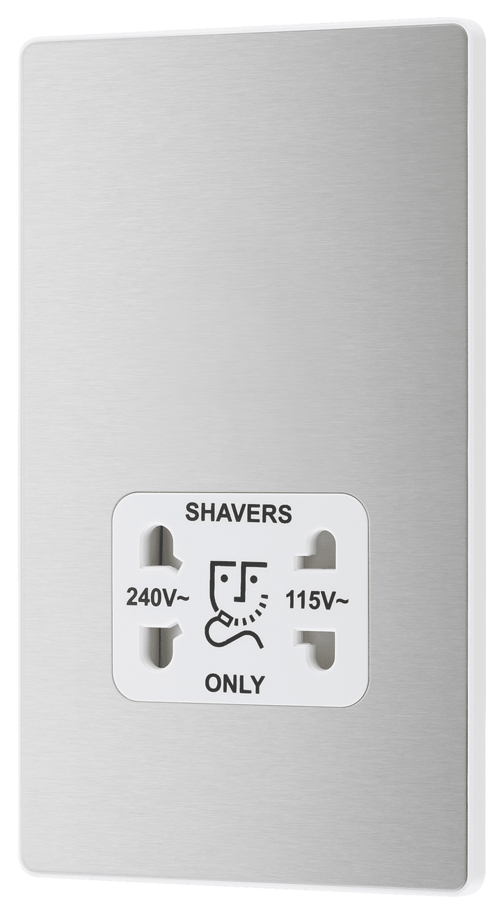 PCDBS20W Front - This Evolve Brushed Steel dual voltage shaver socket from British General is suitable for use with 240V and 115V shavers and electric toothbrushes.