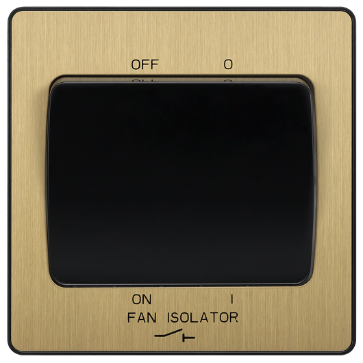 PCDSB15B Front - This Evolve Satin Brass 10A triple pole fan isolator switch from British General provides a safe and simple method of isolating mechanical fan units. This switch has a low profile screwless flat plate that clips on and off, making it ideal for modern interiors.