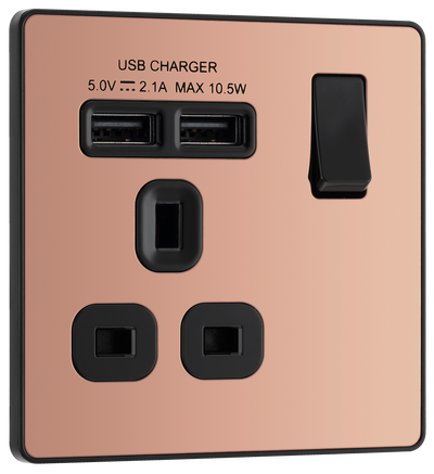 BG Evolve PCDCP21U2B Polished Copper 1 Gang 13A 2x USB-A 2.1A Switched Socket Outlet - Black Insert
