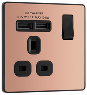 BG Evolve PCDCP21U2B Polished Copper 1 Gang 13A 2x USB-A 2.1A Switched Socket Outlet - Black Insert by British General (BG-PCDCP21U2B-Shopify-SA_1)