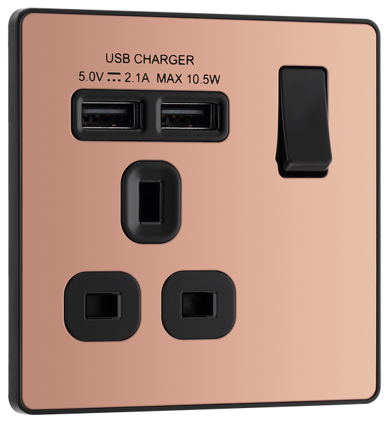 BG Evolve PCDCP21U2B Polished Copper 1 Gang 13A 2x USB-A 2.1A Switched Socket Outlet - Black Insert by British General (BG-PCDCP21U2B-Shopify-SA_1)