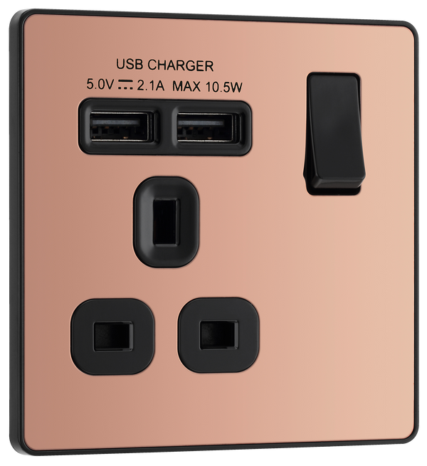 PCDCP21U2B Front - This Evolve Polished Copper 13A single power socket from British General comes with two USB charging ports, allowing you to plug in an electrical device and charge mobile devices simultaneously without having to sacrifice a power socket.