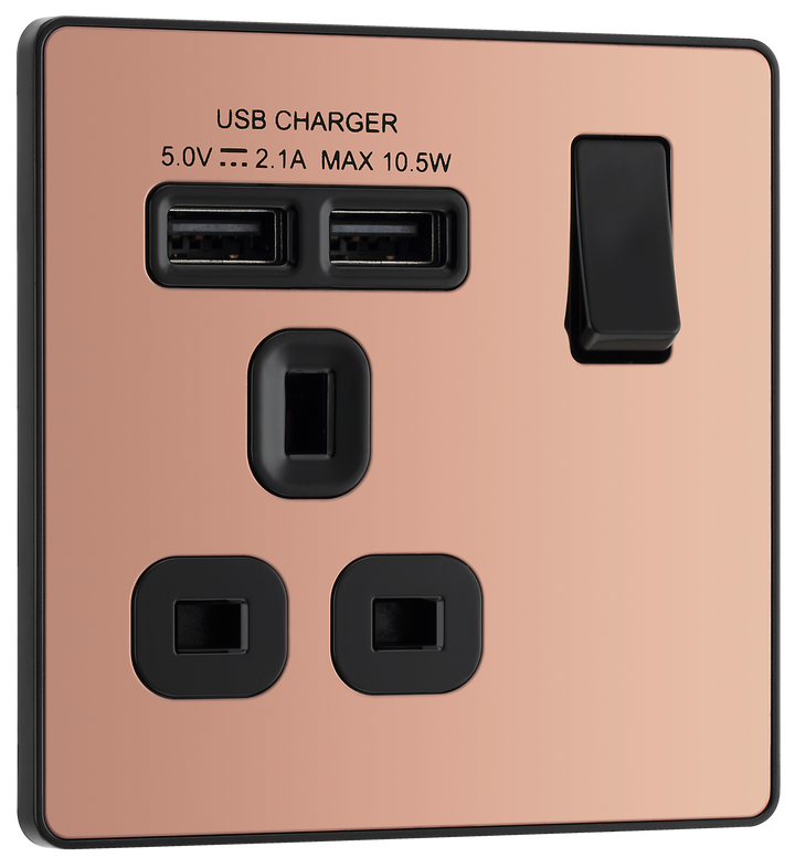 PCDCP21U2B Front - This Evolve Polished Copper 13A single power socket from British General comes with two USB charging ports, allowing you to plug in an electrical device and charge mobile devices simultaneously without having to sacrifice a power socket.