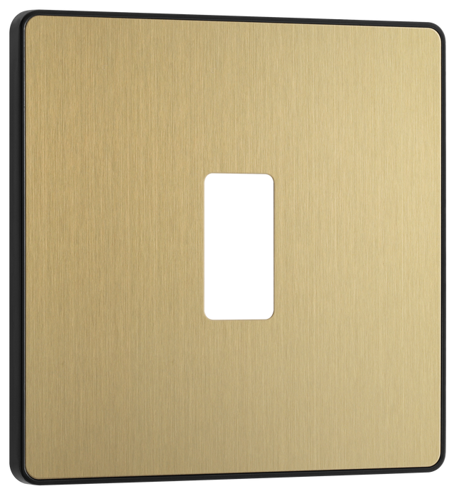 RPCDSB1B Front - The Grid modular range from British General allows you to build your own module configuration with a variety of combinations and finishes. This satin brass finish Evolve front plate clips on for a seamless finish, and can accommodate 1 Grid module - ideal for switches and other domestic applications.
