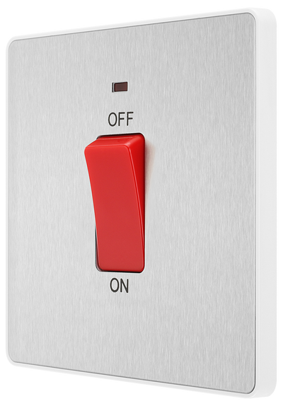 BG PCDBS74W Brushed Steel Evolve 45A 2 Pole LED Switch - White Insert