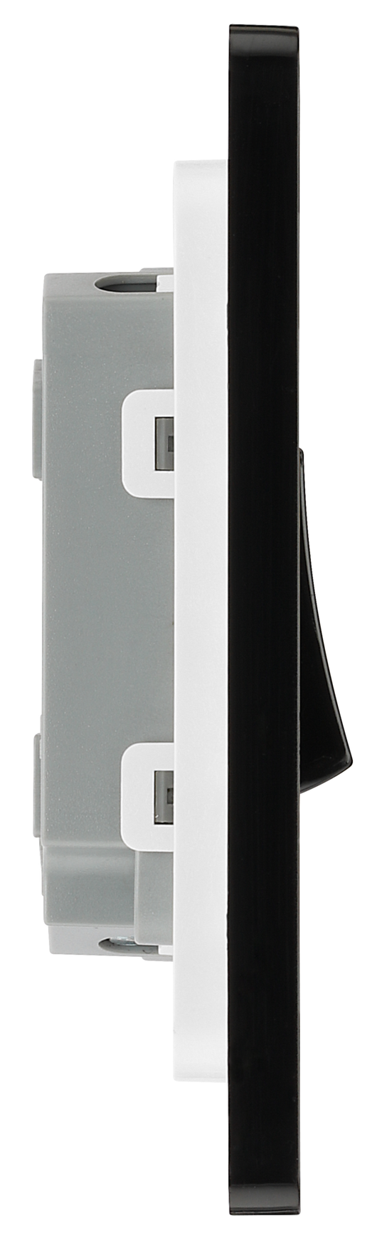 PCDMG42B Side - This Evolve Matt Grey 20A 16AX double light switch from British General can operate 2 different lights, whilst the 2 way switching allows a second switch to be added to the circuit to operate the same light from another location (e.g. at the top and bottom of the stairs).