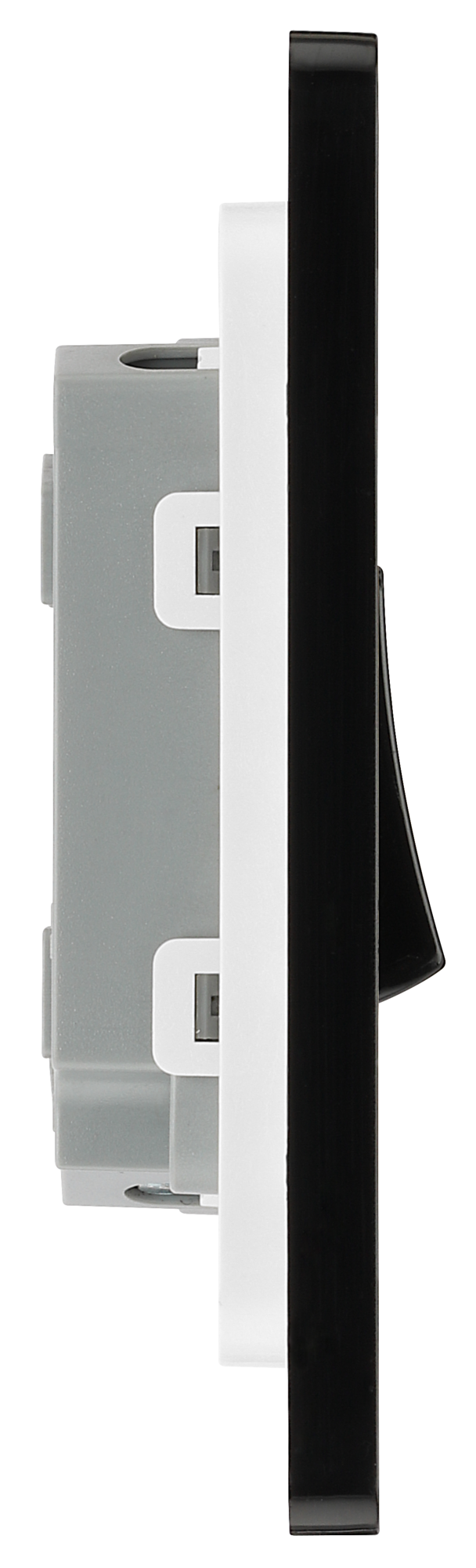 PCDMG42B Side - This Evolve Matt Grey 20A 16AX double light switch from British General can operate 2 different lights, whilst the 2 way switching allows a second switch to be added to the circuit to operate the same light from another location (e.g. at the top and bottom of the stairs).