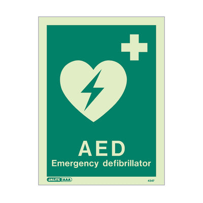 Extinguishers & Equipment: Emergency AED Defibrillator Location Signs With Text (200x150mm) by Jalite signs (SAFELINCS-JS4347DR)