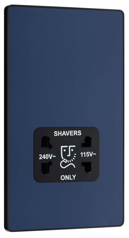 PCDDB20B Front - This Evolve Matt Blue dual voltage shaver socket from British General is suitable for use with 240V and 115V shavers and electric toothbrushes. 