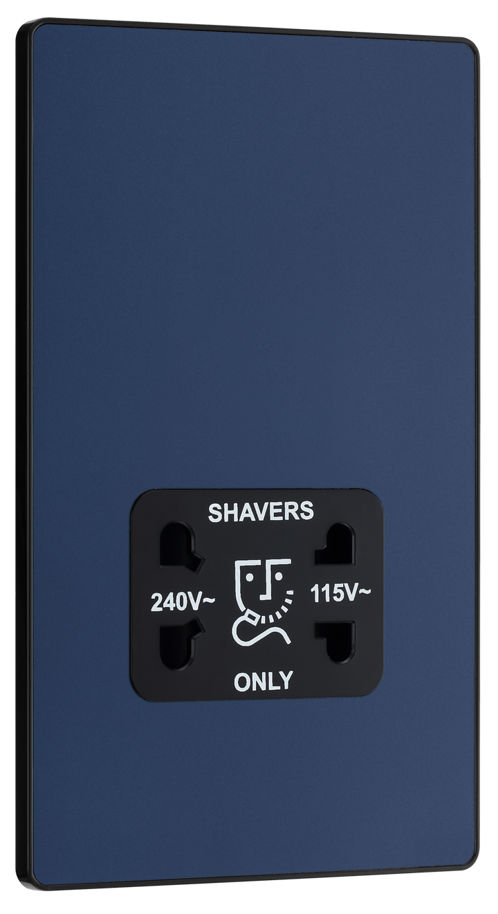 PCDDB20B Front - This Evolve Matt Blue dual voltage shaver socket from British General is suitable for use with 240V and 115V shavers and electric toothbrushes. 