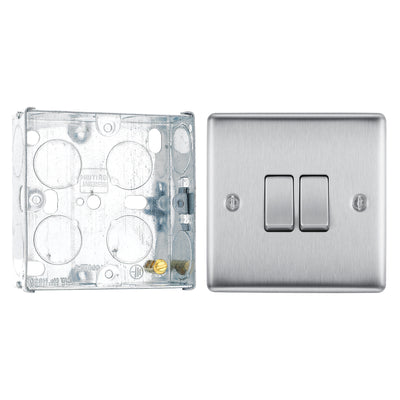 BG Nexus Brushed Steel 20A 16AX 2 Way Double Light Switch NBS42 with 25mm Steel Back Box by British General (BG-NBS42+HGS02)