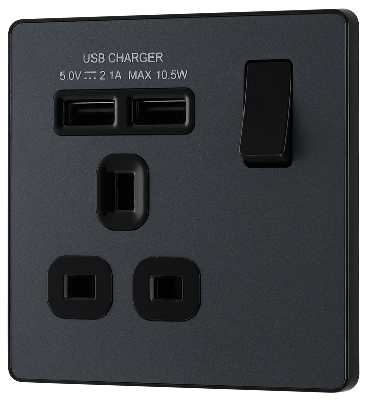 PCDMG21U2B Front - This Evolve Matt Grey 13A single power socket from British General comes with two USB charging ports, allowing you to plug in an electrical device and charge mobile devices simultaneously without having to sacrifice a power socket.