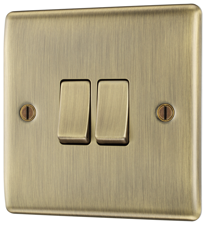  NAB42 Front - This antique brass finish 20A 16AX double light switch from British General can operate 2 different lights whilst the 2 way switching allows a second switch to be added to the circuit to operate the same light from another location (e.g. at the top and bottom of the stairs). This switch has a sleek and slim profile.