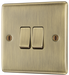  NAB42 Front - This antique brass finish 20A 16AX double light switch from British General can operate 2 different lights whilst the 2 way switching allows a second switch to be added to the circuit to operate the same light from another location (e.g. at the top and bottom of the stairs). This switch has a sleek and slim profile.