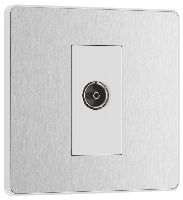 PCDBS60W Front - This Evolve Brushed Steel single coaxial socket from British General can be used for TV or FM aerial connections.