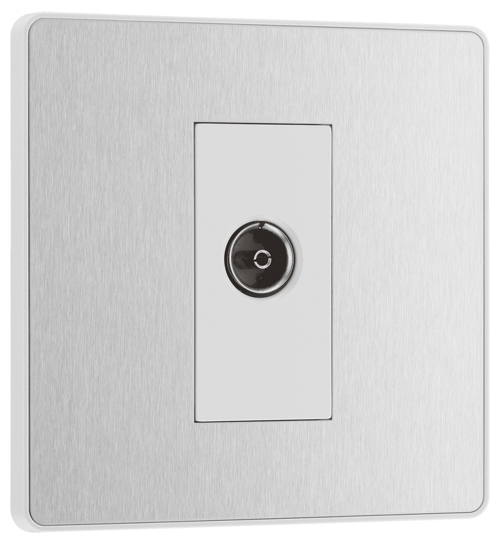 PCDBS60W Front - This Evolve Brushed Steel single coaxial socket from British General can be used for TV or FM aerial connections.