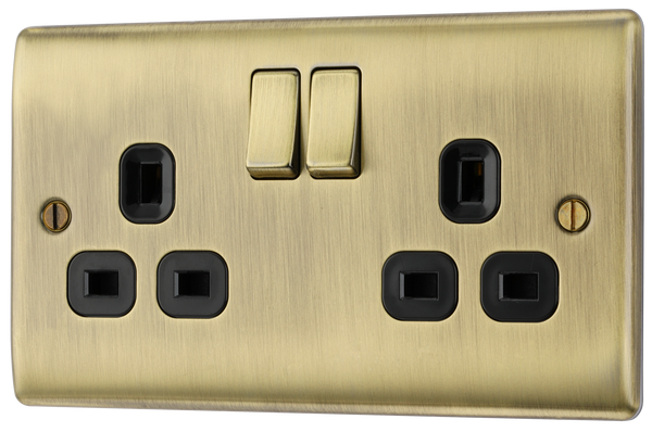 NAB22B Front - This antique brass finish 13A double switched socket from British General has a sleek and slim profile with softly rounded edges and no visible plastic around the switches to add a touch of luxury to your decor.