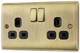 NAB22B Front - This antique brass finish 13A double switched socket from British General has a sleek and slim profile with softly rounded edges and no visible plastic around the switches to add a touch of luxury to your decor.
