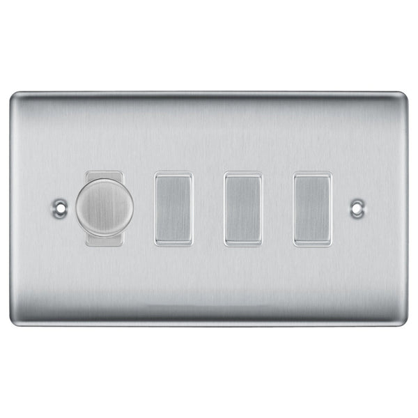 BG Brushed Steel 4 Gang Light Switch 1x Trailing Edge LED Dimmer 3x 2 Way Custom Switch