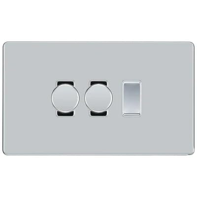 BG Screwless Polished Chrome 3 Gang Switch 2x Trailing Edge LED Dimmer 1x Intermediate Custom Grid Switch by British General (BG-SCRL-PC-3G-CUSTOM-2x-Dimmer-1x-INT)