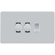 BG Screwless Polished Chrome 3 Gang Switch 2x Trailing Edge LED Dimmer 1x Intermediate Custom Grid Switch by British General (BG-SCRL-PC-3G-CUSTOM-2x-Dimmer-1x-INT)