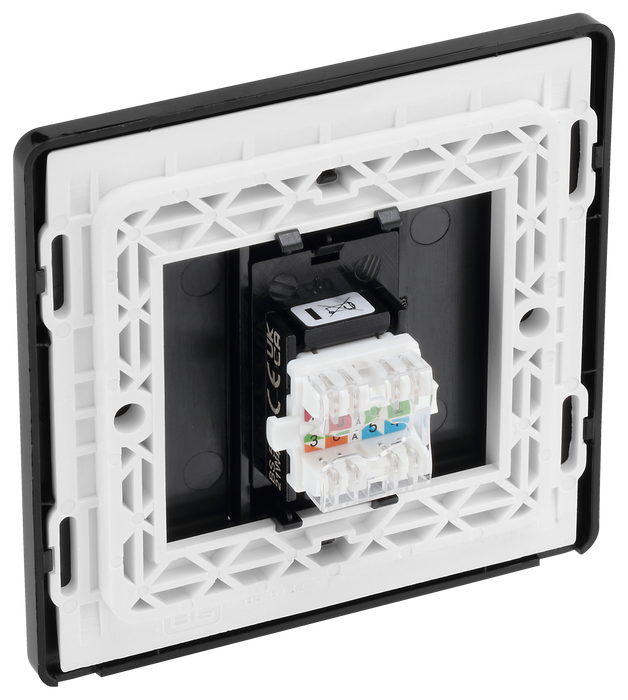 PCDMBRJ451B Back - This Evolve Matt Black RJ45 ethernet socket from British General uses an IDC terminal connection and is ideal for home and office, providing a networking outlet with ID window for identification. The Cat6 outlet supports data transfer speeds of up to 10Gbps at 250 MHz up to 164 feet.