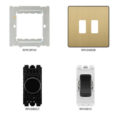 BG Evolve Satin Brass 2 Gang Switch 1x Dual Mode LED Dimmer 1x Intermediate Grid Switch