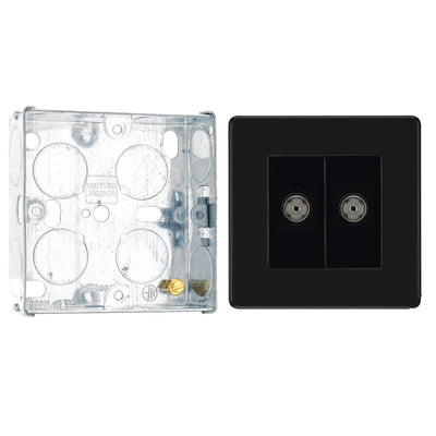BG Screwless Matt Black 2 Gang Isolated Coaxial Socket FFB63 with 25mm Steel Back Box