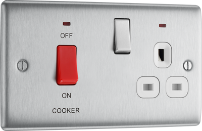 BG NBS70W Nexus Metal Brushed Steel 45A 2 Pole Cooker Switch 13A Neon Switched Socket - White Insert