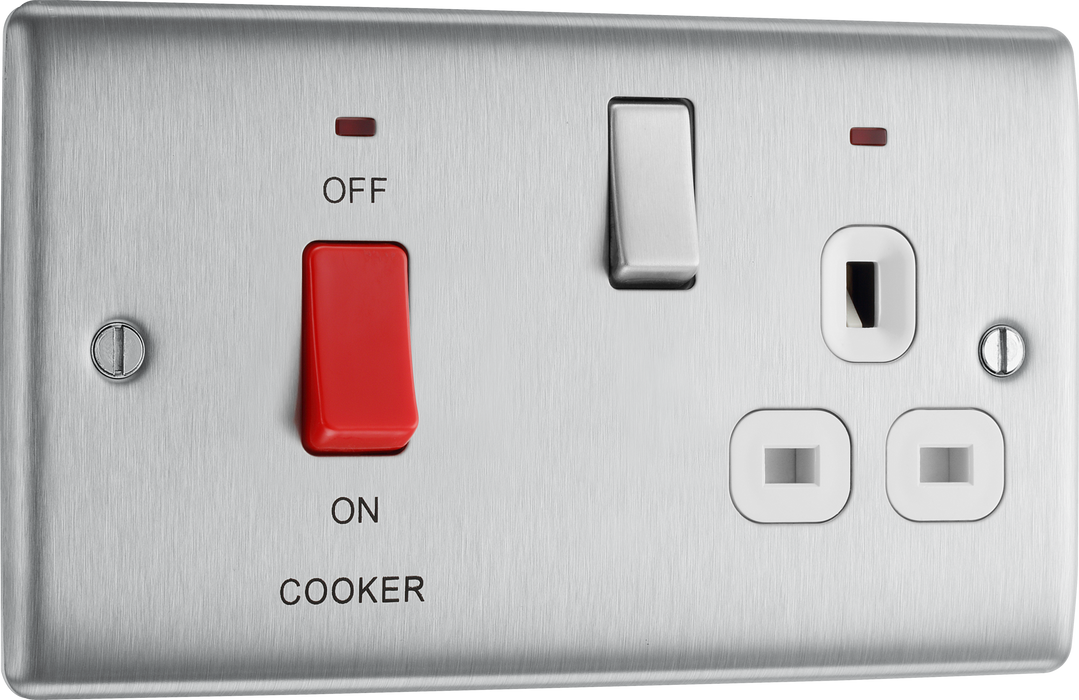 NBS70W Front - This 45A cooker control unit from British General includes a 13A socket for an additional appliance outlet, and has flush LED indicators above the socket and switch.