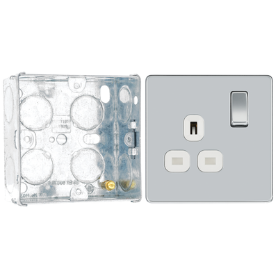 BG Screwless Polished Chrome 13A Single Switched Socket FPC21W with 35mm Steel Back Box