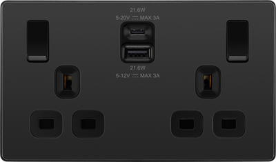 BG Evolve PCDBC22UAC22B 13A Double Switched Socket + USB A+C (22W) - Black Chrome