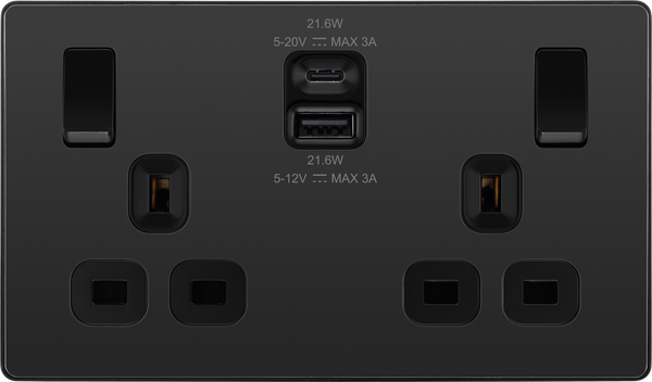 BG Evolve PCDBC22UAC22B 13A Double Switched Socket + USB A+C (22W) - Black Chrome