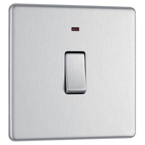 FBS31 Front - This Screwless Flat plate brushed steel finish 20A double pole switch with indicator from British General has been designed for the connection of refrigerators water heaters, central heating boilers and many other fixed appliances.