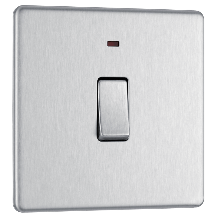 FBS31 Front - This Screwless Flat plate brushed steel finish 20A double pole switch with indicator from British General has been designed for the connection of refrigerators water heaters, central heating boilers and many other fixed appliances.