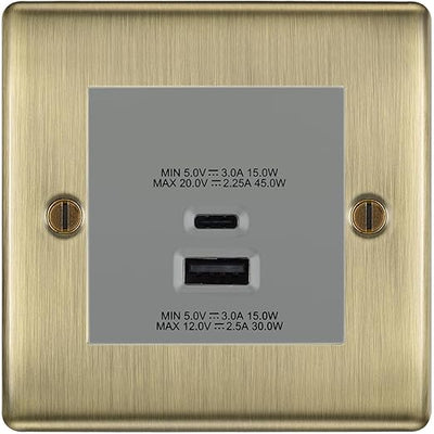BG Nexus Antique Brass 45W USB Wall Socket Euro Module USB-A & C - Grey Insert by British General (BG-NABEMS2+EMUSBAC45G)
