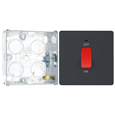 BG Evolve Matt Grey 1 Gang Single Plate 45A 2 Pole Neon Cooker Switch PCDMG74B with 25mm Steel Back Box