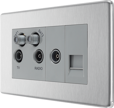 BG FBS69 Flatplate Screwless Quadplex TV/FM/Sat socket (x2) + Return & 1 gang Tel. - Screened Brushed Steel - Grey Insert