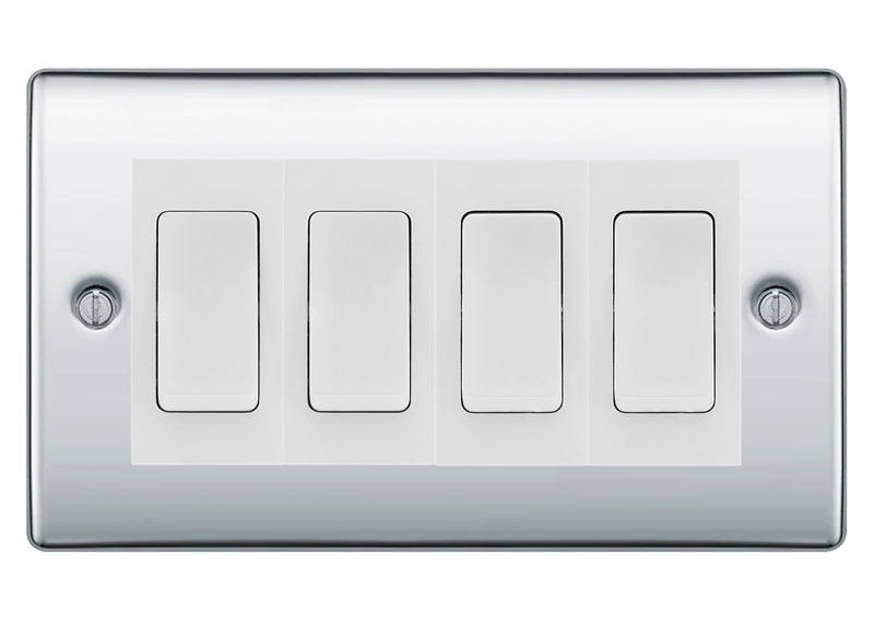 BG Nexus Polished Chrome 4-Gang Light Switch 2x 2-Way + 2x Intermediate – White Inserts
