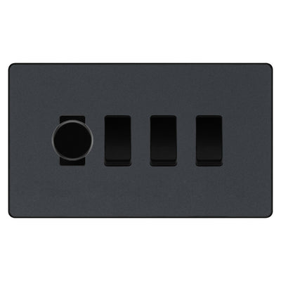 BG Evolve Matt Grey 4 Gang Light Switch 1x Trailing Edge LED Dimmer 3x 2 Way Custom Switch by British General (Evolve-MG-CUSTOM-4GANG-1x-DIMMER-3x-2WAY)