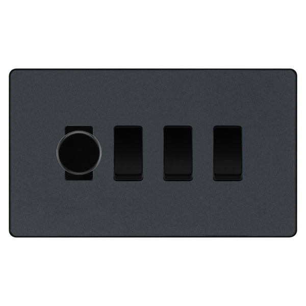 BG Evolve Matt Grey 4 Gang Light Switch 1x Trailing Edge LED Dimmer 3x 2 Way Custom Switch