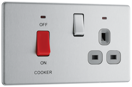FBS70G Front - This 45A cooker control unit from British General includes a 13A socket for an additional appliance outlet and has flush LED indicators above the socket and switch.